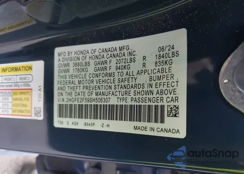 2025 Honda Civic Sport z USA, uszkodzony, nr VIN 2HGFE2F59SH506307